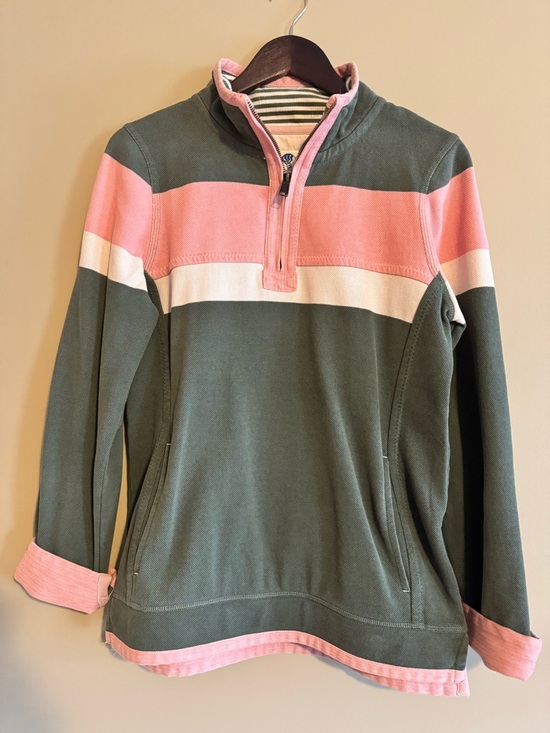 Fat Face Iconic Quarter Zip Airlie Tops - Fat Face Olive, Pink & White Striped Half-Zip Pullover